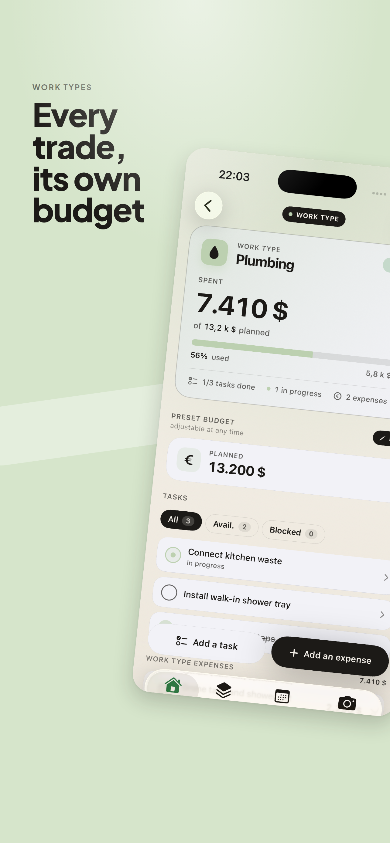 Work package detail with budget, expenses and tasks